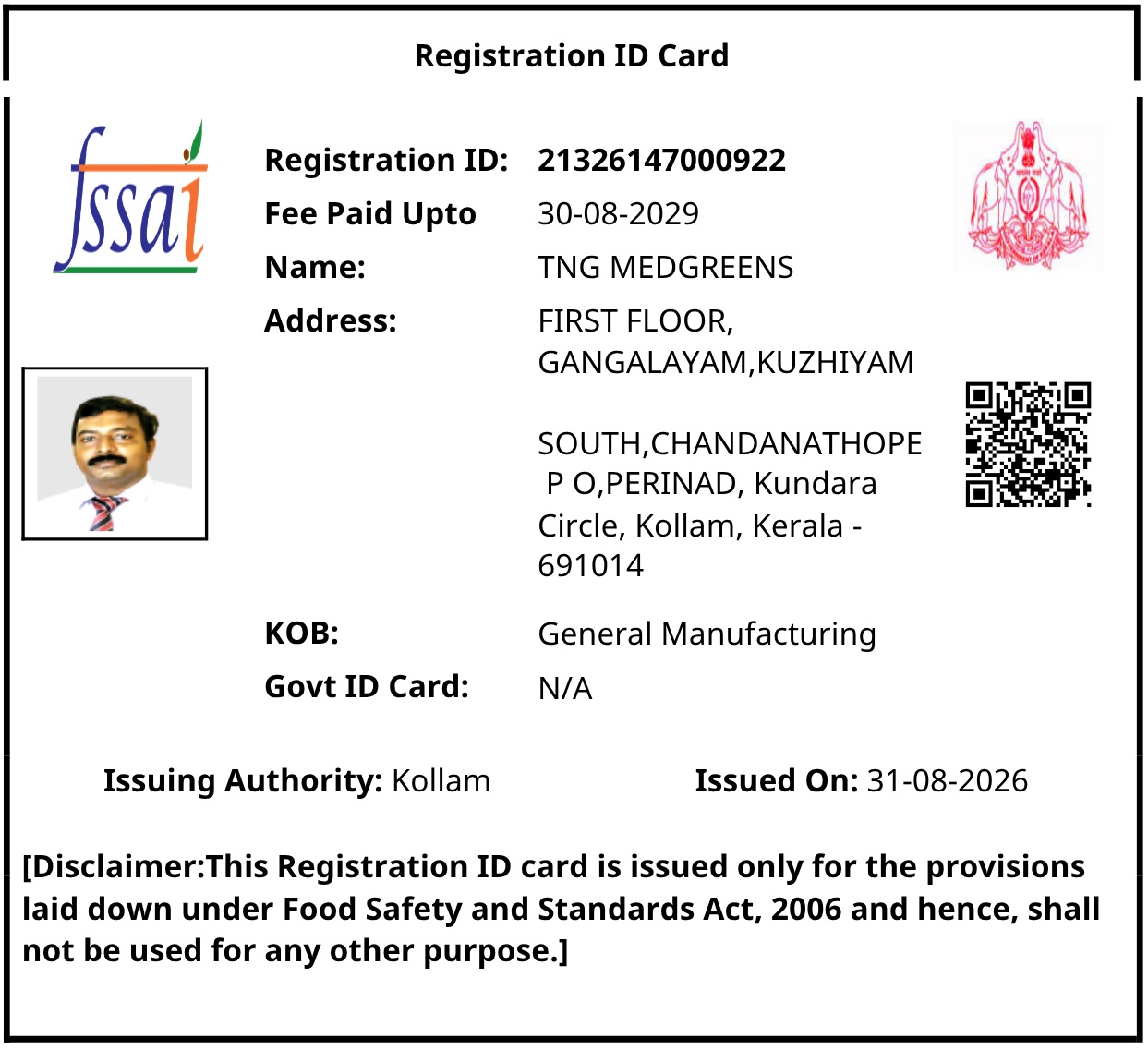 TNG Medgreens FSSAI Certificate